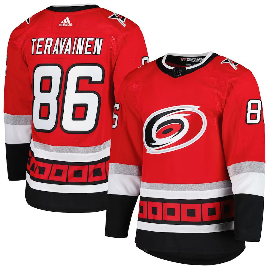 Men Carolina Hurricanes #86 Teuvo Teravainen adidas Red 25th Anniversary Authentic Pro Primegreen Player NHL Jersey